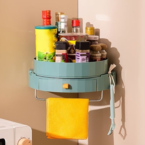 1pc; Kitchen Rotary Shelf; Multifunctional Storage Tray Wall Mount; Spice Storage Holder Dispenser; Punch Free Kitchen Caddy Organizer With Adhes