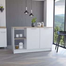 Juniper Kitchen Island, Four Open Shelves, Two Cabinets -Light Oak / White (Color: as Pic)